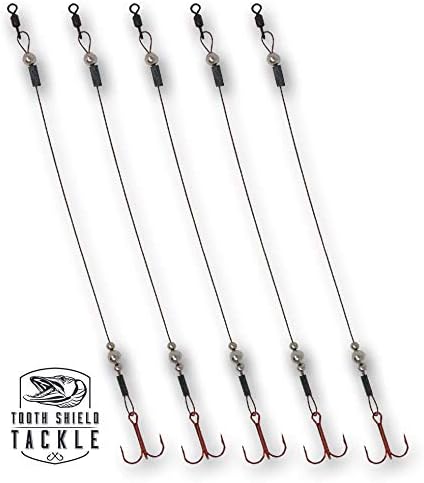Tooth Shield Tackle Ice Fishing Tip Up Leader/Rig [90 lb] Ice Fishing Sucker Walleye Pike Musky Predator Rig (5 Pack) [Camo Wire/Silver Bead] VMC