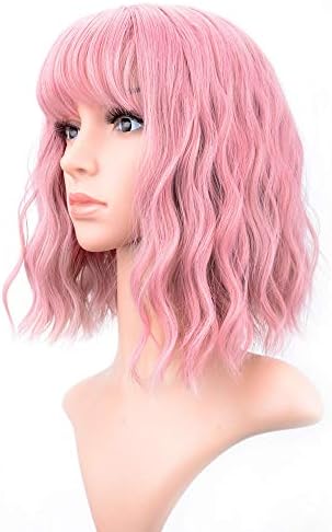 VCKOVCKO Lovely Pink Wigs Natural Wavy Short Bob Wig With Air Bangs Women's Shoulder Length Curly Wavy Synthetic Cosplay Wig Pastel Bob Wig for Girl Colorful Wigs(12", Light Pink)