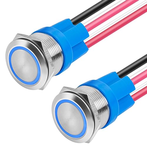 LED Latching Push Button Switch, Stainless Steel, IP67 Waterproof 5-24V 20A 1NO1NC, with Wire Socket Plug (2, Blue, 22mm)