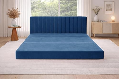 Image of Rosebell -3 Seater Upholstered Armless Sofa Cum Bed with Backrest | Soft Velvet Fabric Finish | Modern Living Room & Bedroom -Blue