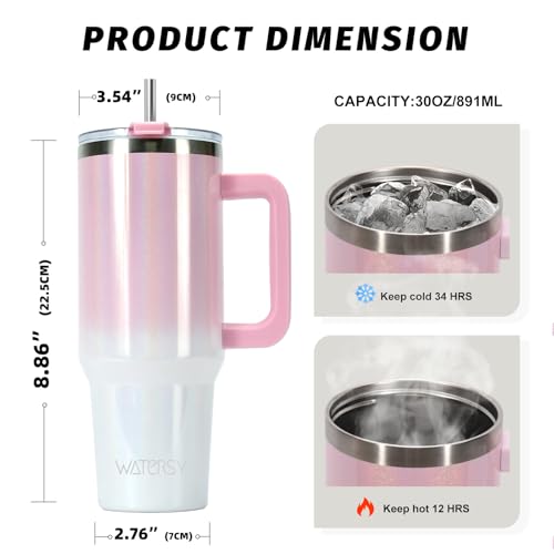Image of 30 oz Shiny Tumbler with Handle and Straw,Stainless Steel Tumbler with Lid and Straw,Insulated Travel Mug(Cold for 34 Hours),Water Bottle for Iced Tea,Coffee (Pink)