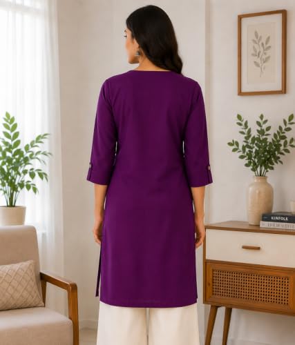 Image of Women's Rayon Solid Straight Kurti | 3 /4 Sleeve | Round Neck with V Cut | Regular Fit | Casual Office Wear Kurta for Women