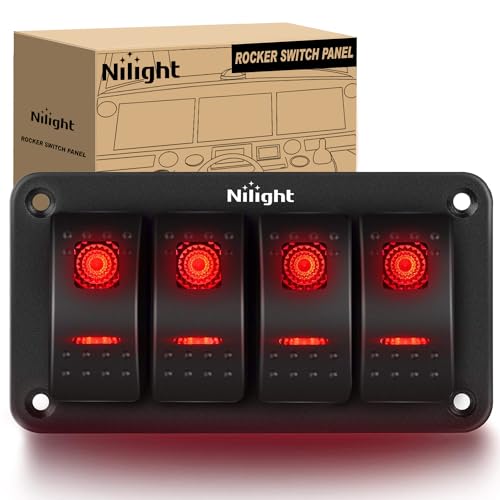 Image of Nilight 4 Gang Rocker Switch Panel SPST On Off Toggle with DIY Label Sticker | 5PIN Electrical 12V /20A 24V /10A Aluminum Plate with Pre-Wired Jumper Wires for LED Light Bar RV Boats 4X4 Cars Red