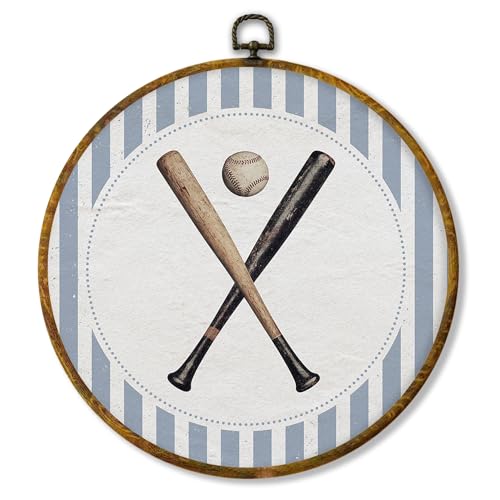 shiviody Baseball Nursery Canvas Wall Art Decor, Blue Striped Baseball Bat Sports Round Hanging Frame Prints Decorations for Kids Boy Nursery Bedroom Playroom Sports Room 10"x10"