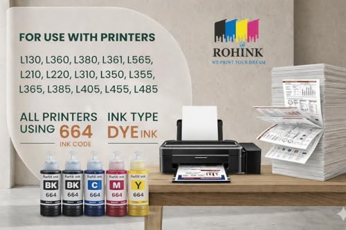 Image of ROHINK T664 Compatible Refill Ink for Epson L130, L360, L380, L361, L565, L210, L220, L310, L350, L355, L365, L385, L550, L555, L605, L1300 Printer (70ML*2 Black + 70ML*3 C,Y,M)