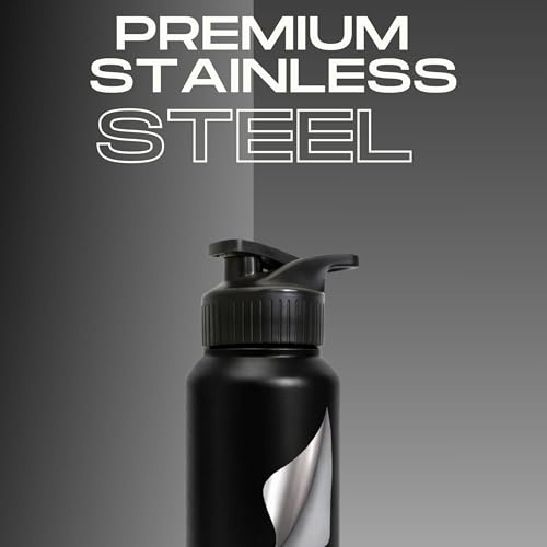 Image of Speedex Customised Stainless Steel Water Bottle 1 Ltr with Name - Personalised Engraved Sipper Cap Bottle for Kids, Men & Women, School, Gym, Office Black Grey, Set of 1