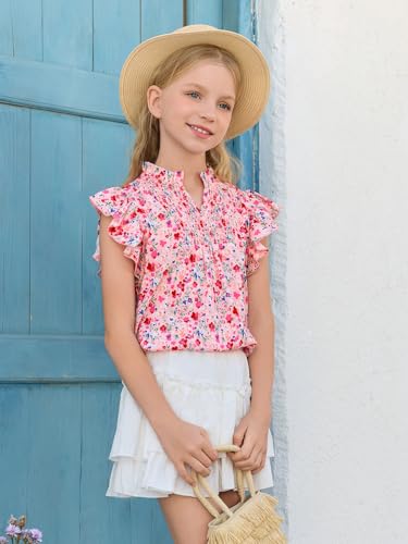 Image of Haloumoning Girls Ruffle Short Sleeve Floral Chiffon Blouses Kids Summer Shirts Tops 5-14 Years