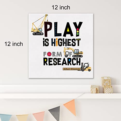 Yeley Construction Nursery Print Positive Einstein Quotes Play Is The Highest Form Paintings Canvas Wall Art Kids Dump Truck Poster Canvas Artwork Ready To Hang Playroom Home Decor #TOP1