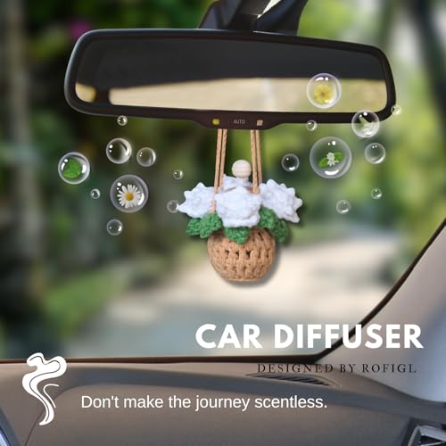 Image of ROFIGL Handmade Crochet Hanging Car Air Freshener - Pure Elegant White Rose Design, 12ml Refillable Thick Glass Bottle, Car Diffuser for Rearview Mirror, Home & Office Minimalist Decor