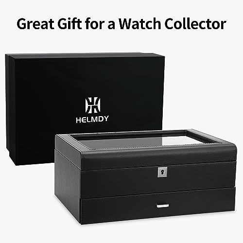 Image of 10-Slot Watch Box With Valet Drawer, PU Leather Watch Display Case | Soft Microsuede Liner Guards Timepieces, Split Drawer Holds Cufflinks, Rings & Shades, Premium Mens Accessory Storage Gift