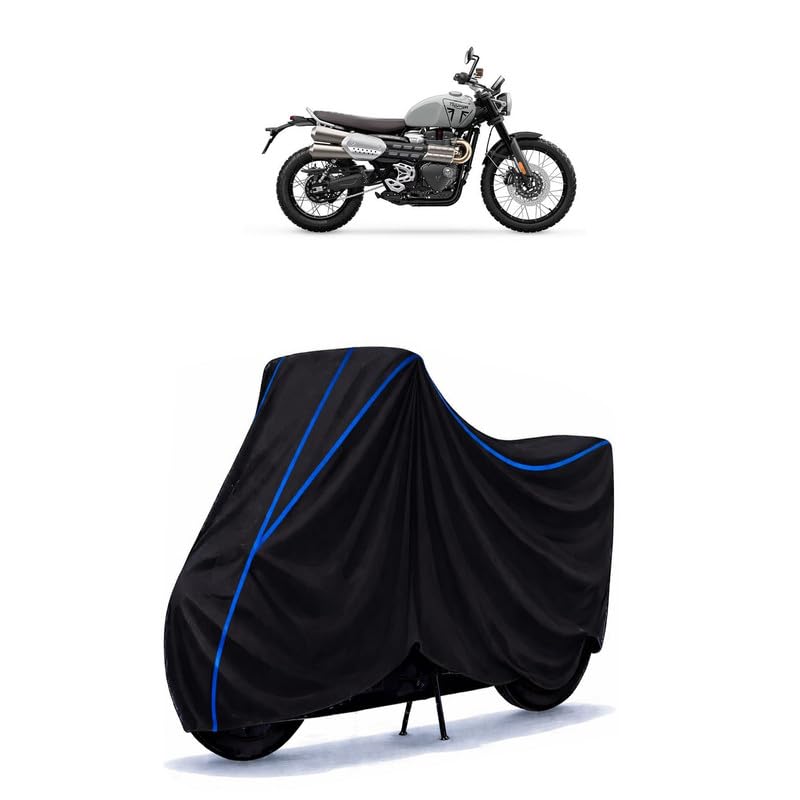 Image of Triumph Scrambler 1200 Bike Cover Water Resistant Universal Motorcycle Rain | Heavy Duty UV Protection, Dust, Scratch Indoor Outdoor All Weather with Black Blue Piping Elastic