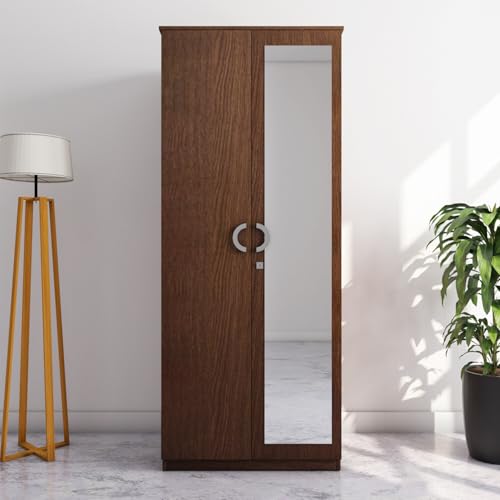 Image of Nilkamal Massif 2 Door Wooden Wardrobe with Mirror for Bedroom | Almirah with 1 Hanging Rod & 3 Shelves | Clothes Cupboard | Engineered Wood | Legno Oak