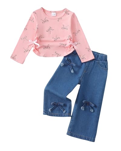 Image of Kucnuzki Toddler Baby Girl Clothes Long sleeve Fall Winter Shirt Tops Baggy Jeans Pants Set Kids Girls Outfits 2 Piece