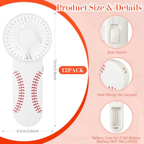 Honoson 12 Pcs Mini Portable Baseball Fan Bulk Small Personal Handheld Fan with Lanyard for Team Gift Game Outdoor Sport Party Favors, Battery Not Include(White and Red)