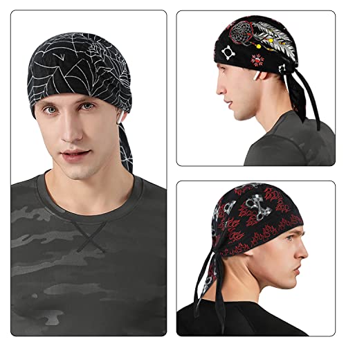 Docila Black Cotton Do Rags For Women Men Trendy Spider/Feather/Flame Helmet Liner Hat Adjustable Pirate Head Scarf Bandana Beanie Cap #TOP2
