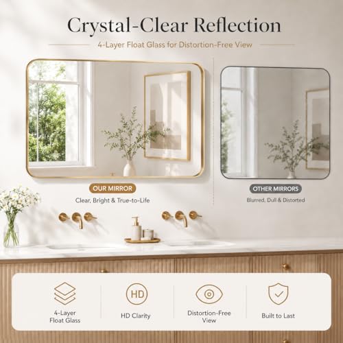 Image of 30 inchx40 inch Rounded Corners Gold Bathroom Mirror - Metal Framed with HD Shatter-Proof Glass, Wall-Mounted for Over Sink, Entryway, Living Room, Bedroom