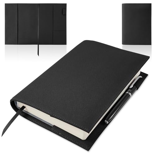 A5 ブックカバー 防水ナイロン製 ペンホルダー&収納ポケット付き、文芸書・参考書・手帳に最適、しおり紐でページマーキング 大判対応 ブラック