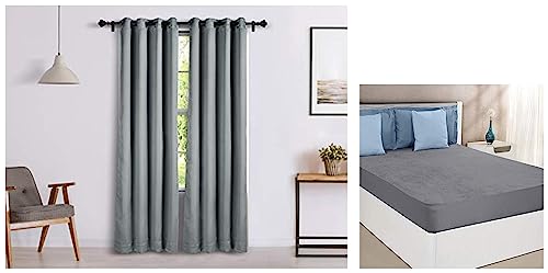 Image of Amazon Brand - Solimo Room Darkening Blackout Door Curtain, 7 Feet, Set of 2 (Grey) & Solimo Water Resistant Cotton Mattress Protector 78 inchx72 inch - King Size, Grey