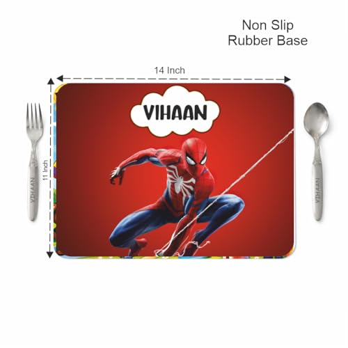 Image of Customized Table Mat with Name & Design Engraving | Personalized Dining Mat with Spoon & Fork | Customized Birthday Gift for Kids (Spidermen)