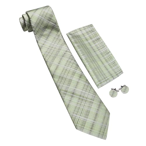 Image of Barry.Wang Plaid Ties Check Mens Necktie Set with Handkerchief Cufflinks Classic Stripe