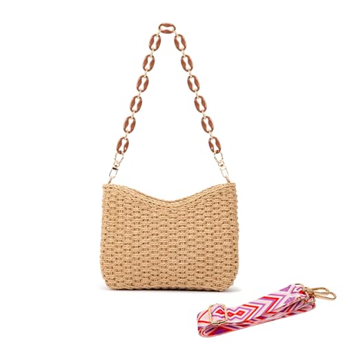 Straw Bag for Women, Lightweight Woven Straw Shoulder Bag, Summer Handmade Beach Tote with Chain, Eco-Friendly Vacation Purse
