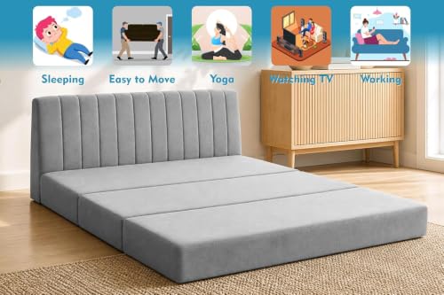 Image of 3 Seater Foldable Floor Sofa Bed with, Modern Velvet Fabric Folding Couch for Living Room, Guest Room & Small Spaces- Grey Color