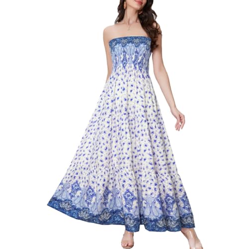Image of Women's Summer Strapless Tube Top Maxi Dresses Off Shoulder Boho Beach Long Dress