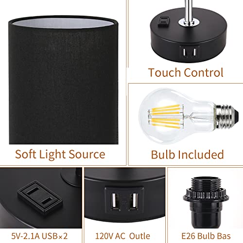 Spacrea Black Touch Table Lamp - Bedside Lamp With Usb Port And Ac Outlet, 3 Way Dimmable Touch Lamp Nightstand Lamp, Round Fabric Lampshade Bedroom Lamp Small Lamp For Bedroom Decor #TOP5