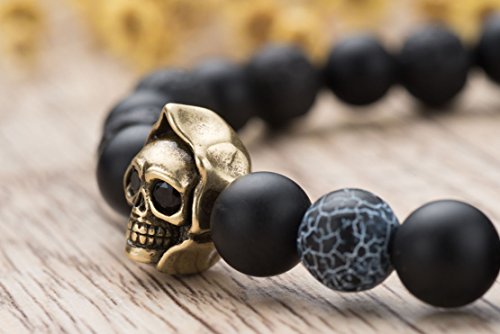 Karseer Death Skull Charm with Black Matte Onyx and Lava Stone 8mm Beads Stretch Bracelet, Lava Rock Aromatherapy Essential Oil Diffuser Bracelet for Stress Relief3