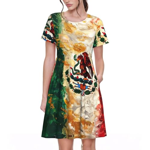 Robe de plage imprimé mexicain américain évasée et respirante à col rond