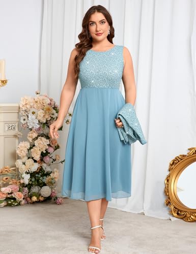 Image of ZOMVA Plus Size Sparkly Mother of The Bride Dresses with Jacket 2 Piece Chiffon A-Line Dress Wedding Guest Formal