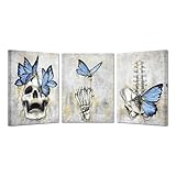 KREATIVE ARTS 3 Piece Human Skull with Butterfly Canvas Wall Art - Sugar Skull Human Skeleton Painting Pictures, Gothic Halloween Prints Artwork for Living Room Bedroom 12'x16' Each (Blue)