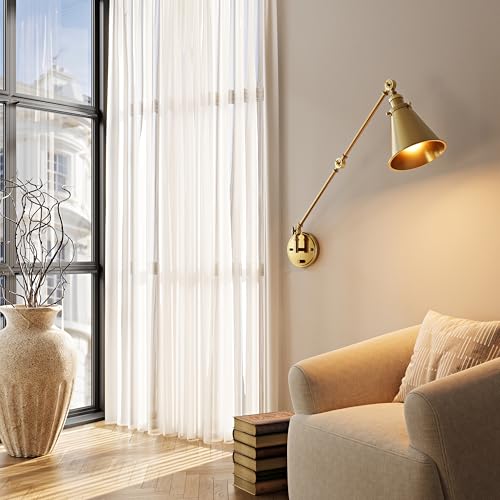 Image of Plug in Wall Sconces Set of Two, Gold Swing Arm Wall Lamp with 6.6FT Plug-in Cord and Knob Switch, Metal Hardwired Wall Lights for Bedroom, Reading, Study Room, Office, Living Room (2 Pack)
