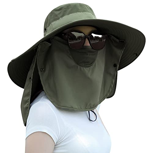 Image of Women Wide Brim Face Mask Sun Hat Detachable Neck Face Flap Ponytail UV Protection Visor Hat Garden Fishing Hiking