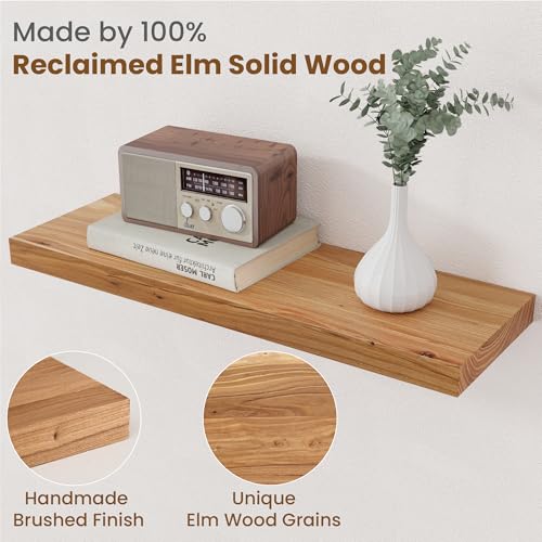 Image of Floating Shelves for Wall Decor, 8 inch Deep Rustic Solid Elm Wood Floating Shelves Wall Mounted, Wall Shelves with Invisible Bracket for Living Room Bathroom Bedroom Kitchen, 24 Inch Set of 2, Natural