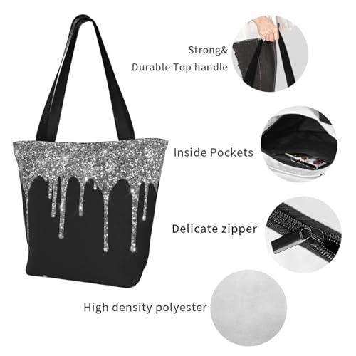 Silver Glitter Drips Sparkle Black Shoulder Bag, High-Density Polyester Tote With Zipper Closure & Inner Pocket, Spacious & Lightweight For Market, Beach & Travel3