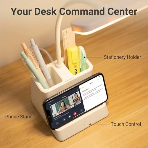 Image of Plastic Table Desk Lamp For Study Room Led Table Lamp For Students With Pen Phone Holder Mini Gooseneck, College Room Lamp Light For Study Gift Girls Boys, White