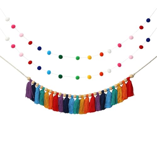 Pom Pom Garland - DIY Rainbow Pom Pom and Tassel Garland Set, Boho Tassel Garlands For Decoration, Preppy Classroom Decorations, Rainbow Tassle Garlands, Home Decoration Wedding Birthday Baby Shower