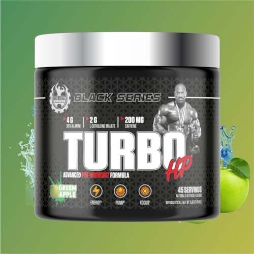 Image of DEXTER JACKSON Black Series Turbo HP Pre Workout | Flavoured, Advanced Formula | Boost Energy and Performance | 45 Servings, 450 Gram (Regular, Green Apple)