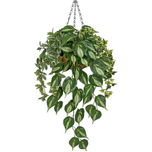 Fake Hanging Plant with Pot, Large Hanging Artificial Plants with Basket & Hanger Faux Greenery Plants Indoor Outdoor Decor Fake Pothos Plant in Pot for Wall Balcony Patio Office Bathroom Shelf