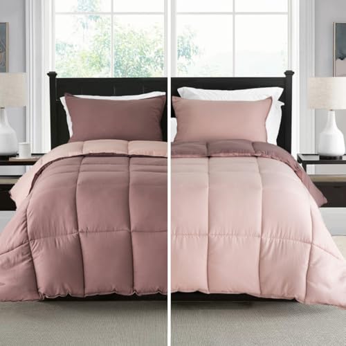 KASENTEX Plush Purple Comforter - Soft Warm Microfiber Down Alternative with Box Stitch Design - Cozy Bedding Duvets - Hypoallergenic Machine Washable Bedding, Queen, Twilight Mauve/Pale Mauve