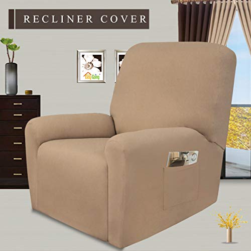 Image of Easy-Going 4 Pieces Microfiber Stretch Recliner Slipcover - Spandex Soft Fitted Sofa Couch Cover, Washable Furniture Protector with Elastic Bottom for Kids, Pet(Recliner, Camel)
