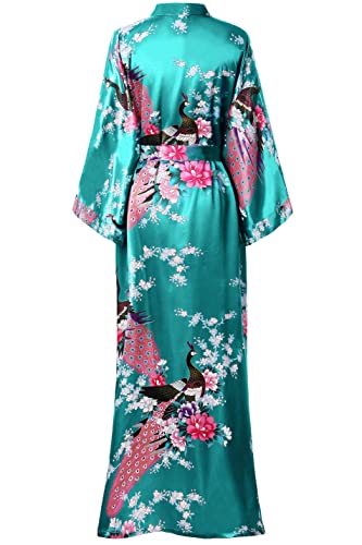 Image of BABEYOND Women's Kimono Robe Long Satin Robes with Peacock and Blossoms Printed Kimono Nightgown