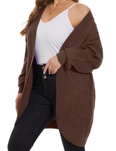 Image of MONNURO Womens Plus Size Open Front Cardigan Waffle Knit Long Sleeve Sweaters Tops Fall Coat Outerwear with Pockets
