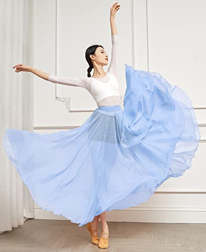 Paotit Women's Lyrical Dance Skirt Long Sheer Swing Wrap Skirt Modern Ballet Costumes For Performance Blue #TOP1