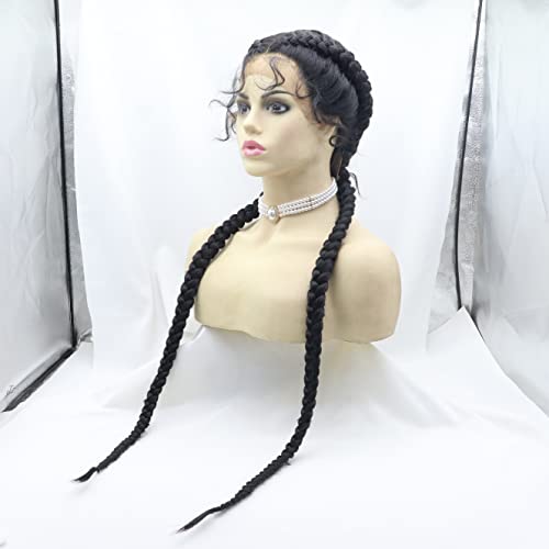 xiweiya Extra Long 1B# Black Braided Wig 100% Hand Made Twisted Braid Wig 360 Swiss Lace Front Wig Black Dutch Braids with Baby Hairs Cornrow Wig Afro Wig for Women 36 inch