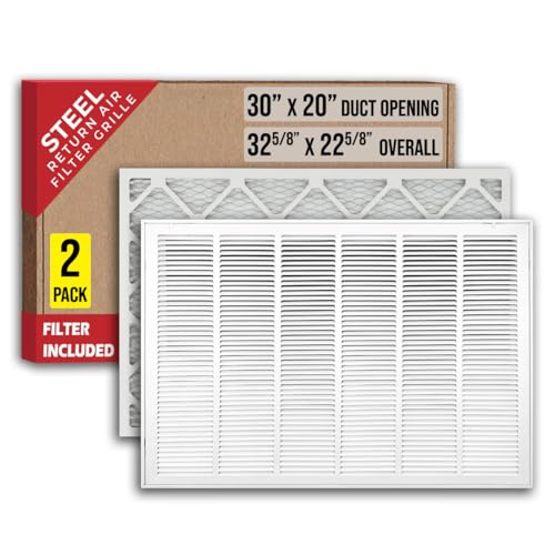 [2 Pack] Fits 30x20 Duct Opening | Filter Included Steel Return Air Filter Grille by Handua [Removable Door] | Vent Cover Filter Grill | White | Out. Dim.: 32 5/8"W X 22 5/8"H