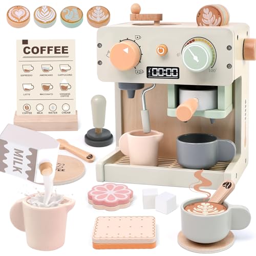 Masonbaby kaffeemaschine Kinder Holz Kinderküche Spielküche Zubehör aus Holz Kaffeeservice Spielset Kaffeeset Küchenspielzeug Rollenspiel Holzspielzeug Festliche Geschenke für 3 4 5 Jahre alt