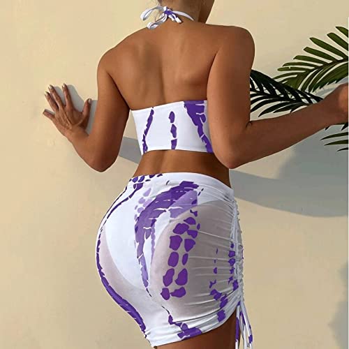 Tankini Swimsuits For Women Womens 3 Pieces Print Crisscross Halter Bikini Set With Beach Skirt Purple #TOP2