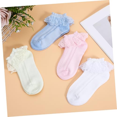 KESYOO 4pairs Girls Ankle Socks Breathable Cotton Lace Socks White Yellow and for Ages for Daily Wear and Dress-up Occasions3